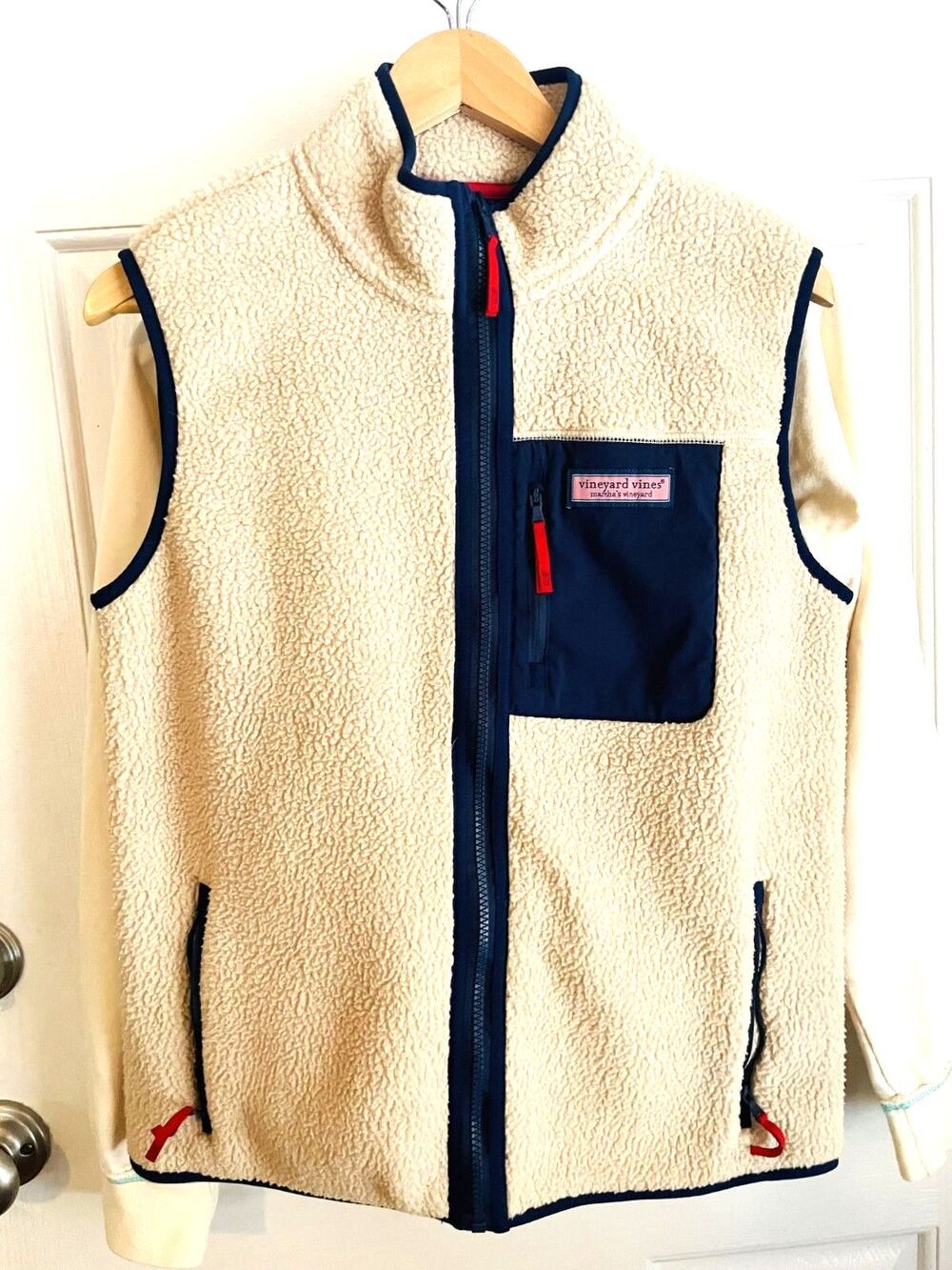 Vineyard Vines Sweater Vest Boys Size XL (18) Navy Beige Sherpa Fleece Puffer